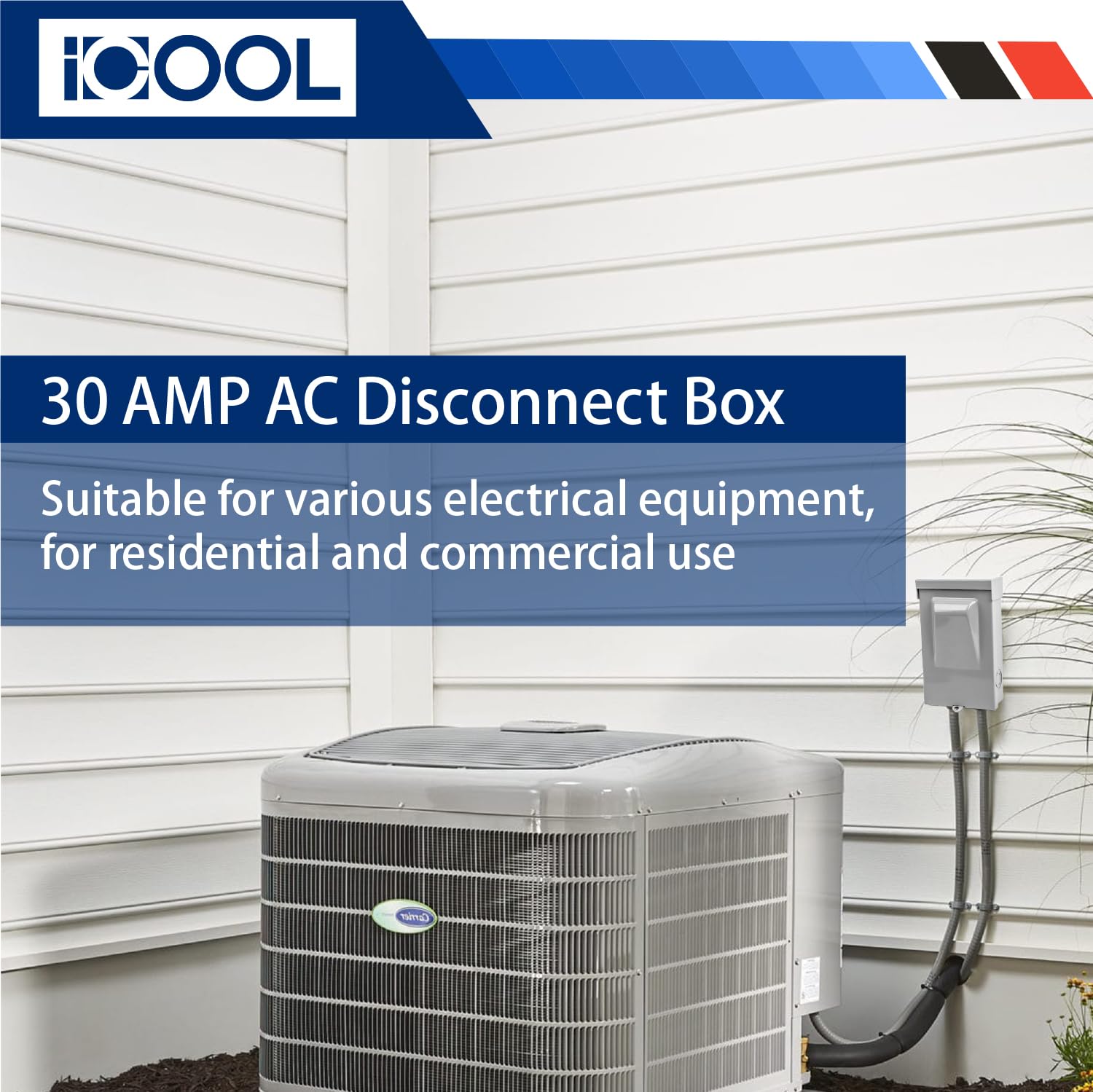 ICOOL 30 Amp Fused Disconnect Switch, Rainproof Pull Out Disconnect 30A 2 Pole 3 Wire 1 Phase 240 VAC UL Listed, AC Disconnect Metal Box for Air Conditioning and HVAC Systems, No Included Fuse
