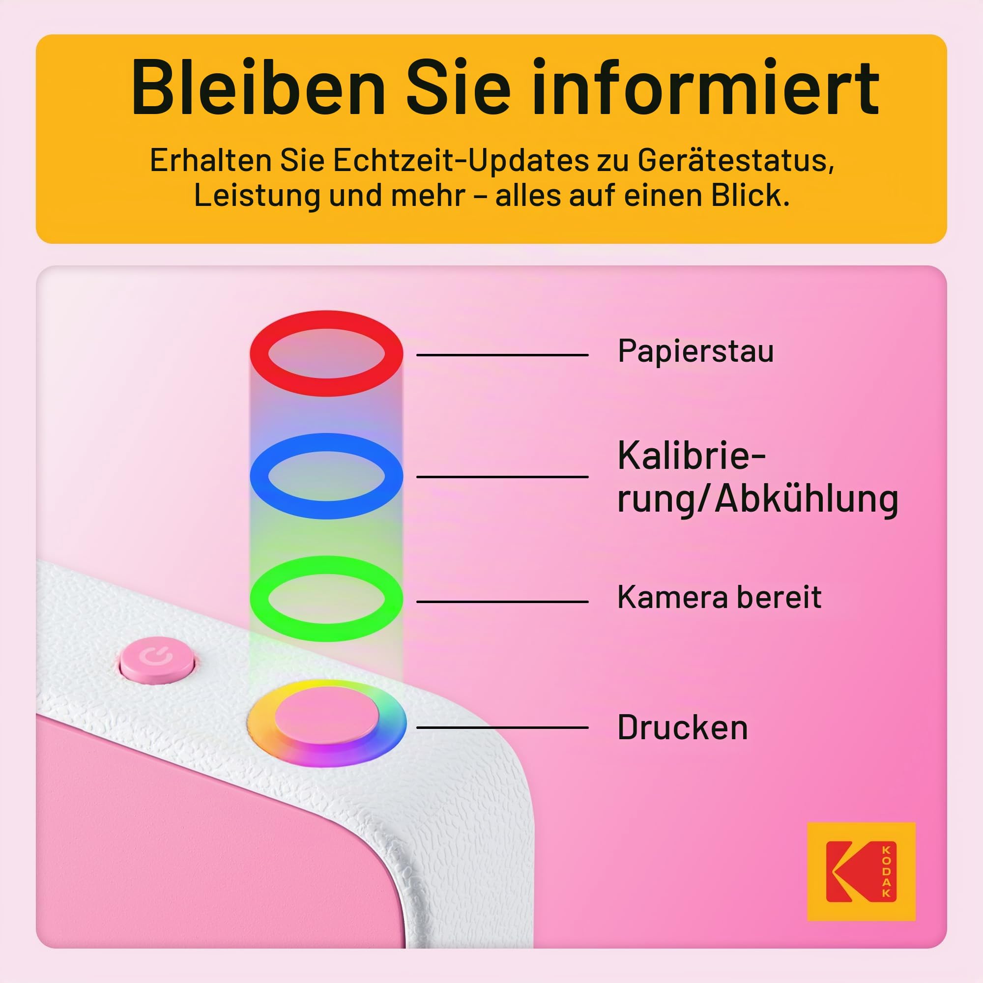 Kodak Printomatic+ Sofortbild-Digitalkamera, Zink-Fotopapier 2x3 (5,1x7,5 cm) 10 MP, RGB-LED, druckt Farbfotos, Rosa