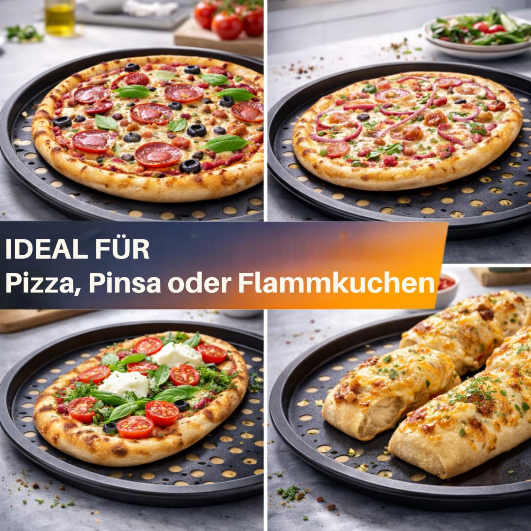 Lot de 4 plaques à pizza Ø 32 cm - Plaque ronde perforée pour pizza et tarte flambée en acier - Revêtement antiadhésif - Résistant à la chaleur jusqu'à 250° - Anthracite
