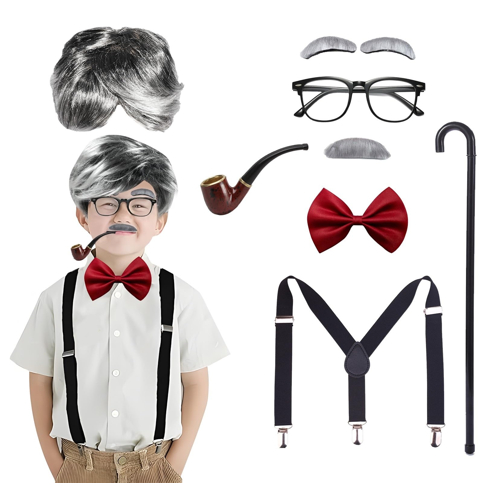 8 Piece Grandpa Costume Set Halloween Costume Children Grey Wig Moustache Eyebrow Glasses Walking Stick Glasses Braces for Children Man Costume Accessories Retirees for Carnival Costume Party