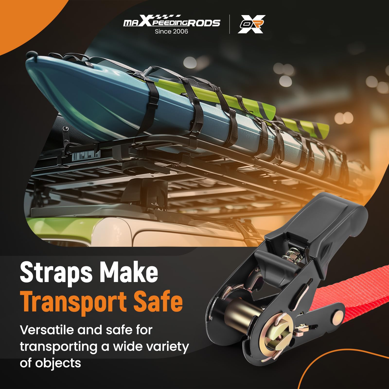 maXpeedingrods 4 x 997 kg pasy mocujące z grzechotką 4,5 m, pasy mocujące z haczykami, EN 12195-2, ochrona urządzeń podczas transportu, pas mocujący do motocykla 25 mm, dodatkowa torba do | pasy mocujące z haczykami, EN 12195-2, ochrona urządzeń podczas t