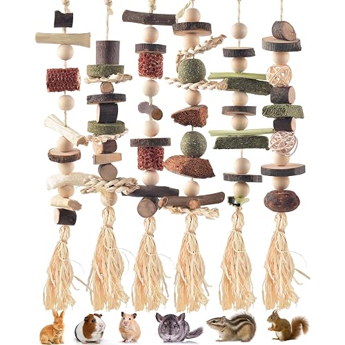 DBNESS 6PCS Bunny Chew Toys, Hamster Rabbit Cage Hanging Chew Toys, Natural Apple Wood Bunnies Treats, Improve Small Animal Teeth Health for Guinea Pig Chinchilla Ferret Rats Gerbil