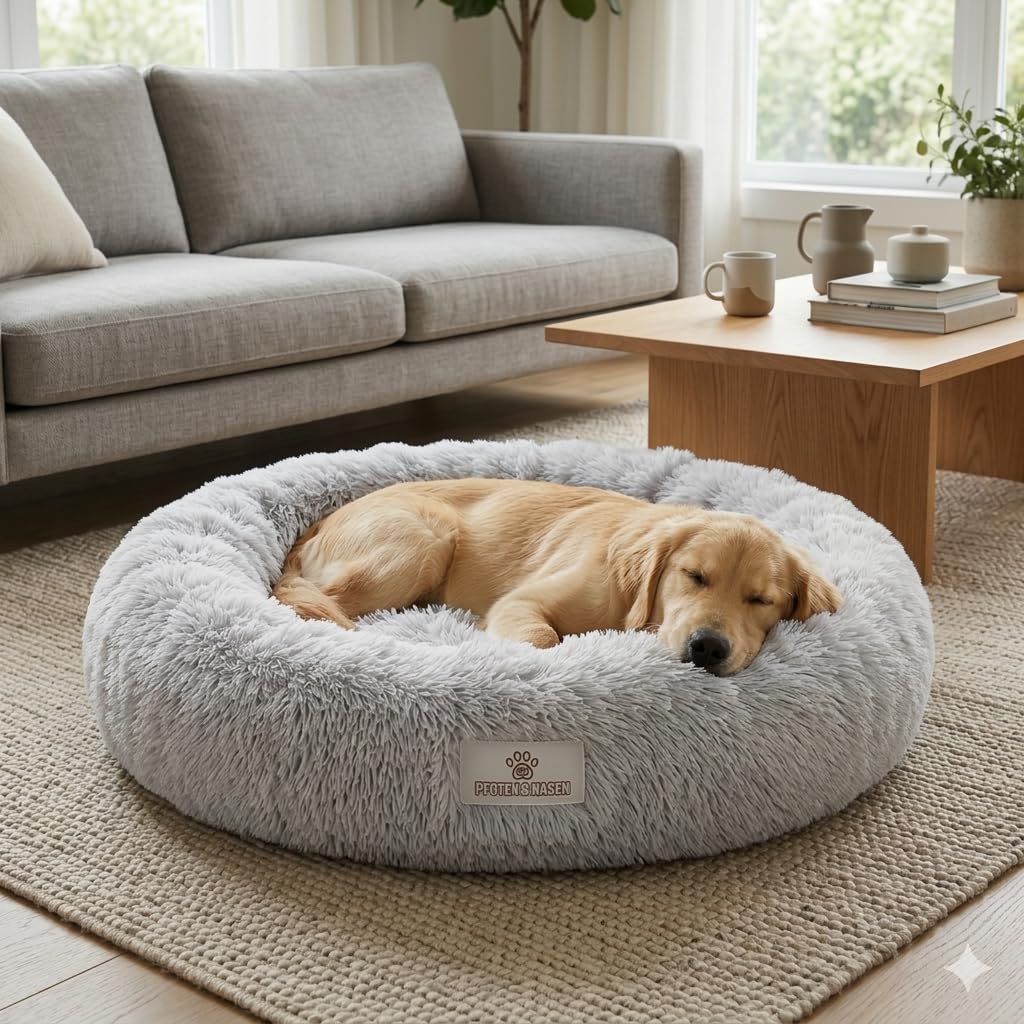 pfoten&nasen® Wolke 7 Hundebett L (85cm, Braun/Weiß) – Flauschiges Donut-Hundekörbchen für mittelgroße Hunde, rundes Hundekissen mit Wendekissen, Abnehmbarer Bezug, waschbar, rutschhemmend