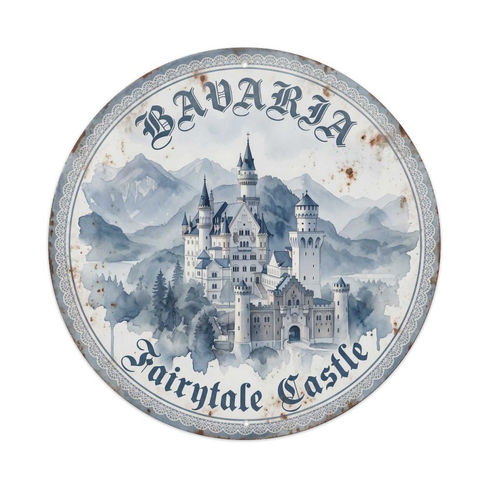 Cmhok Vintage Style-29 Vintage Travel Bavaria Castle Germany Artwork Metal Tin Sign Plaque Wall Decor For Cafe, Club, Garden Round Metal Poster 8X8inch