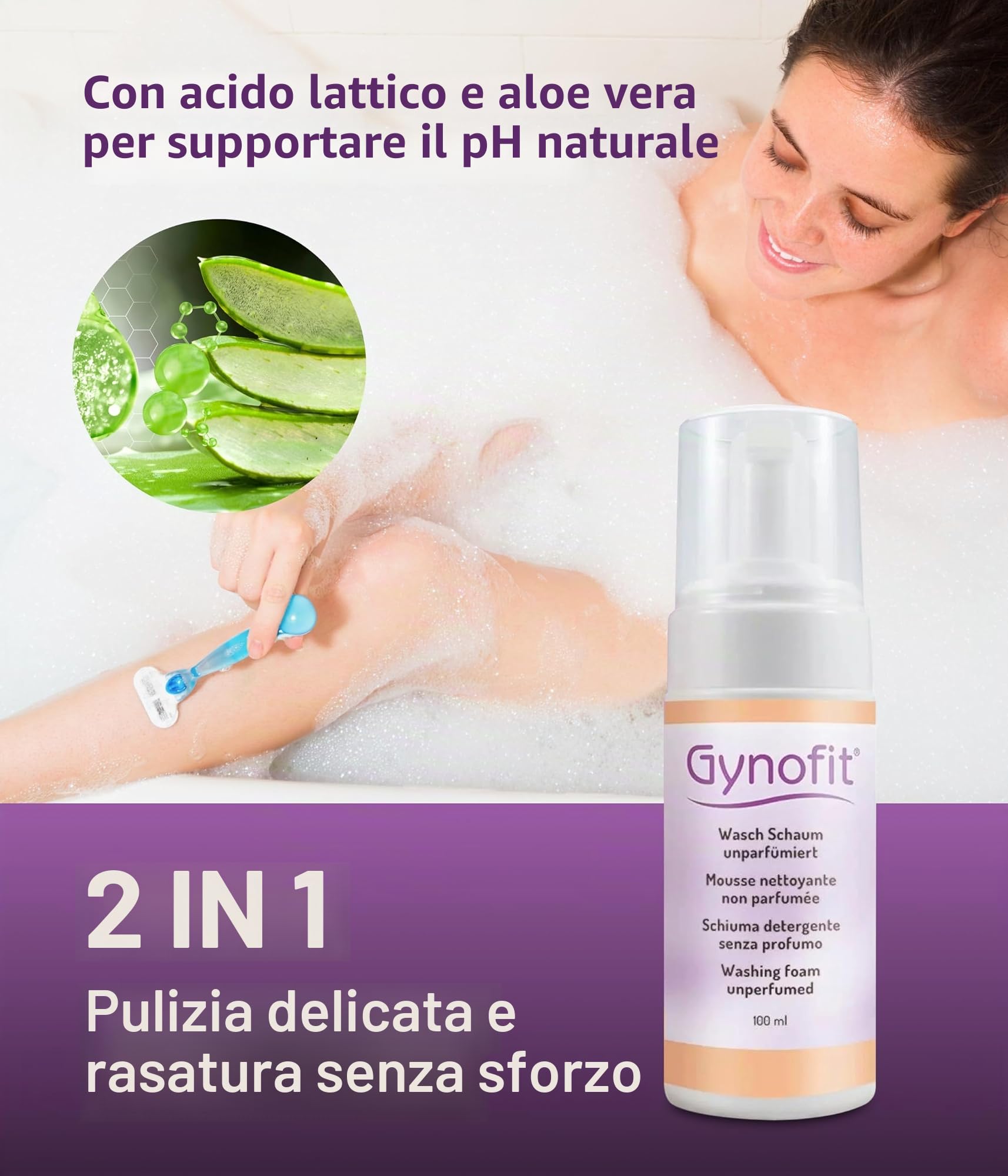 Gynofit schiuma (non profumato) - Pulizia e rasatura intima per la salute della vagina - Sostiene l'equilibrio del pH e la funzione protettiva della flora vaginale (100 ml)