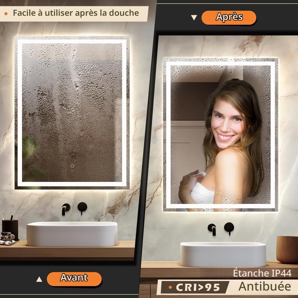 KWW 80 x 100 cm LED Salle de Bain Vanity Mirror, Lampe Anti - Brouillard, Facile à Installer, Miroir de Vanité Mural Horizontal/Vertical avec Bouton Tactile Intelligent