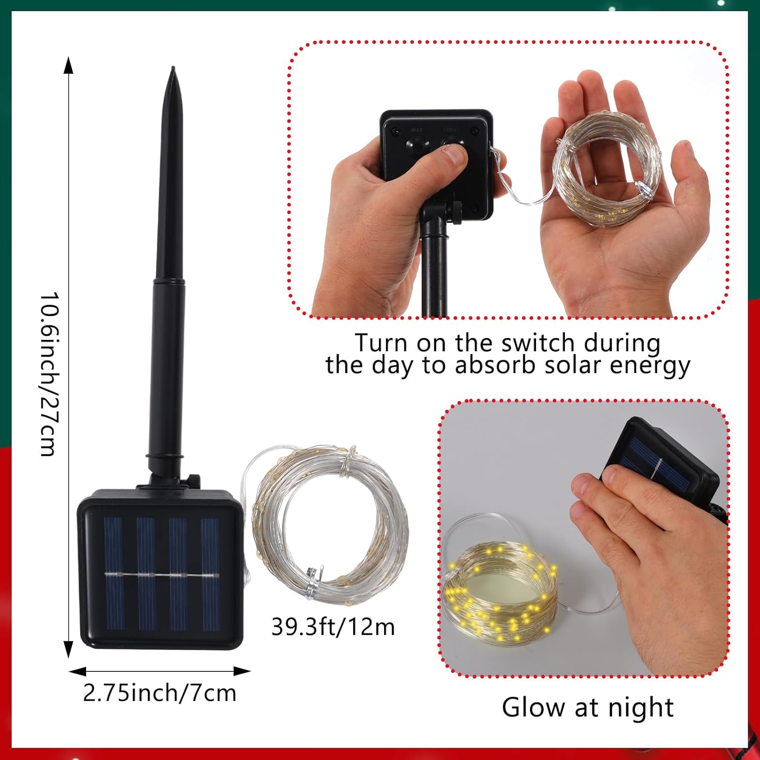 7 Pcs Christmas Lamp Post Decoration Set with Xmas Wreath, Large Red Bow and 100 LEDs Solar Strip Light Outdoor Holiday Solar Post Lamp Decor for Garden, Patios &Yards