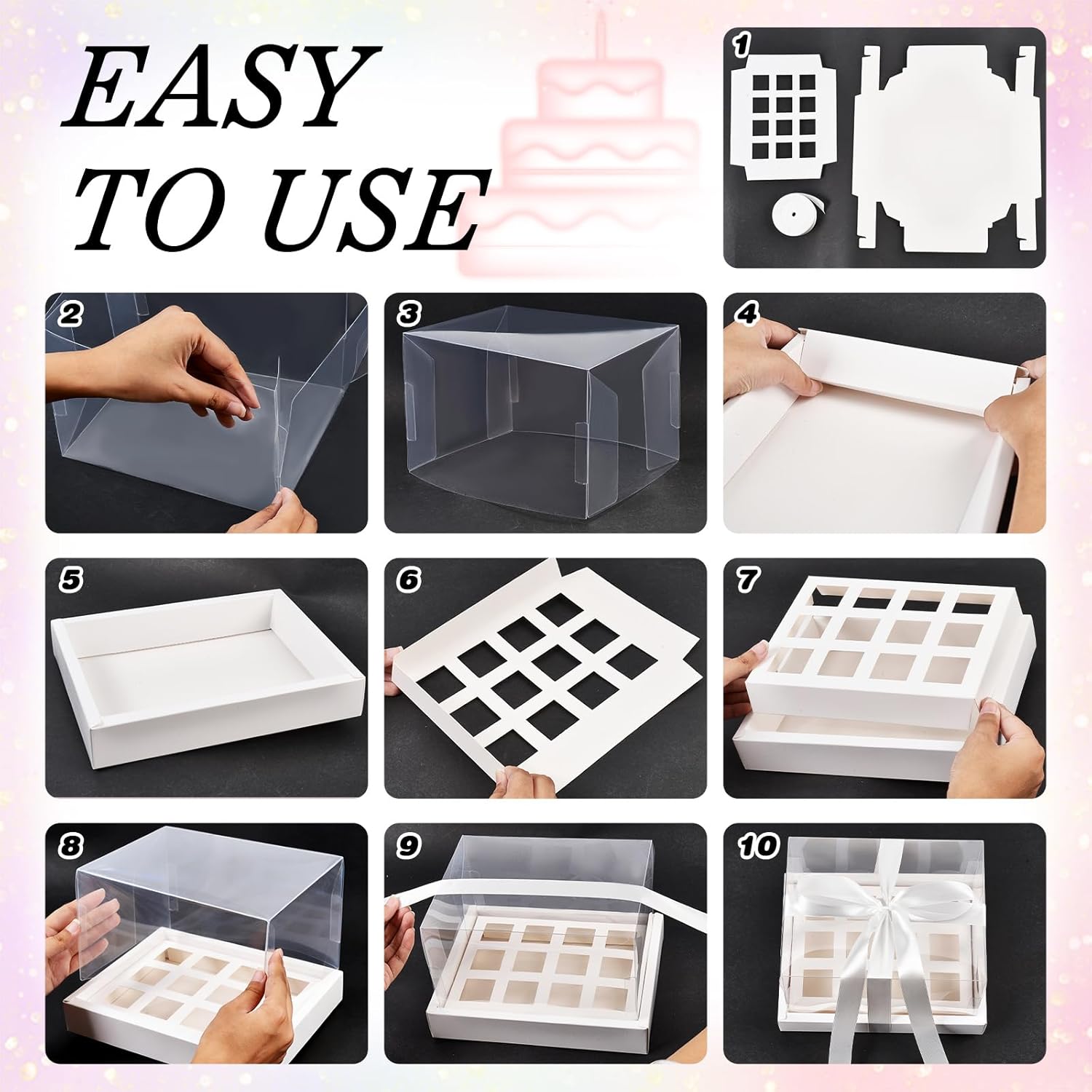 12 Sets Clear Plastic Cupcakes Box, 3 oz Square Cupcake Containers for 12 Counts 5.9 Inch Height Cup Transport Boxes with Detachable Lid for Birthday Holiday Party Valentine's Day