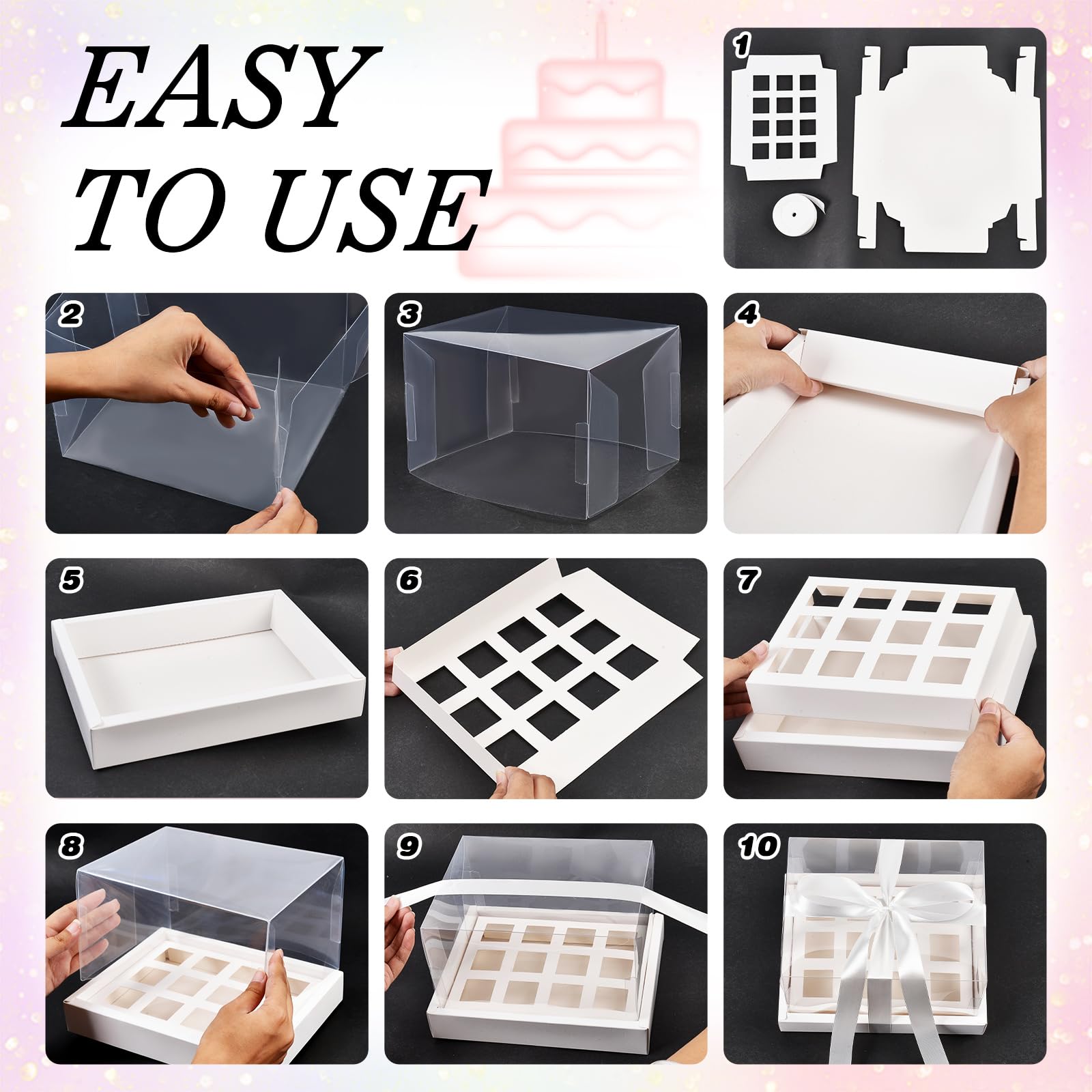 12 boîte à Cupcakes en Plastique Transparent Contenants Carrés pour Cupcakes de 3 oz (12 unités) Boîtes de Transport pour Tasses de 15cm de Hauteur avec Couvercle Amovible Saint Valentin