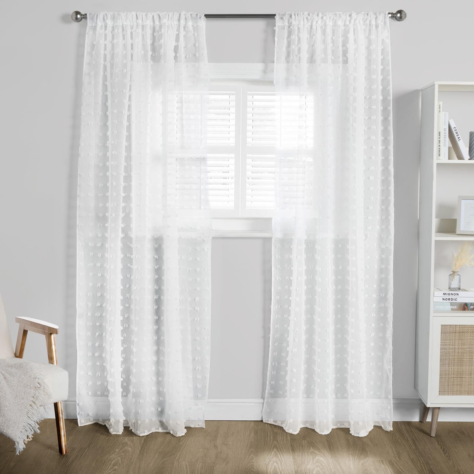 OHS White Voile Curtains, Pompom Tufted Decorative Transparent Window Dressing Drapes for Bedroom, Living Room - Summer Panel, 55" x 87