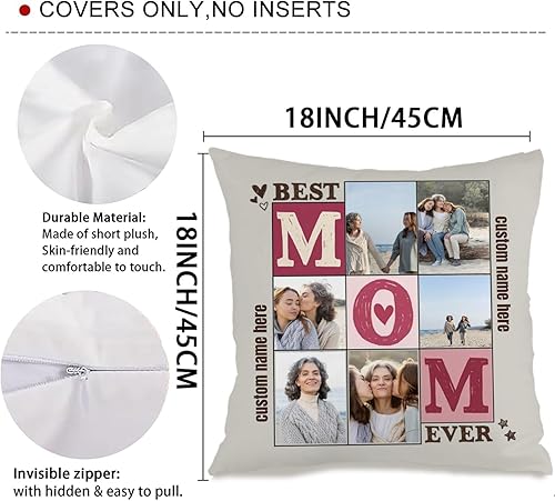 Miniatura 3 de Custom Six Photo Pillowcase with Personalized Message for Mom, Cozy Decorative Cushion Delivering a Warm Gift for Family Holidays Birthdays or Home