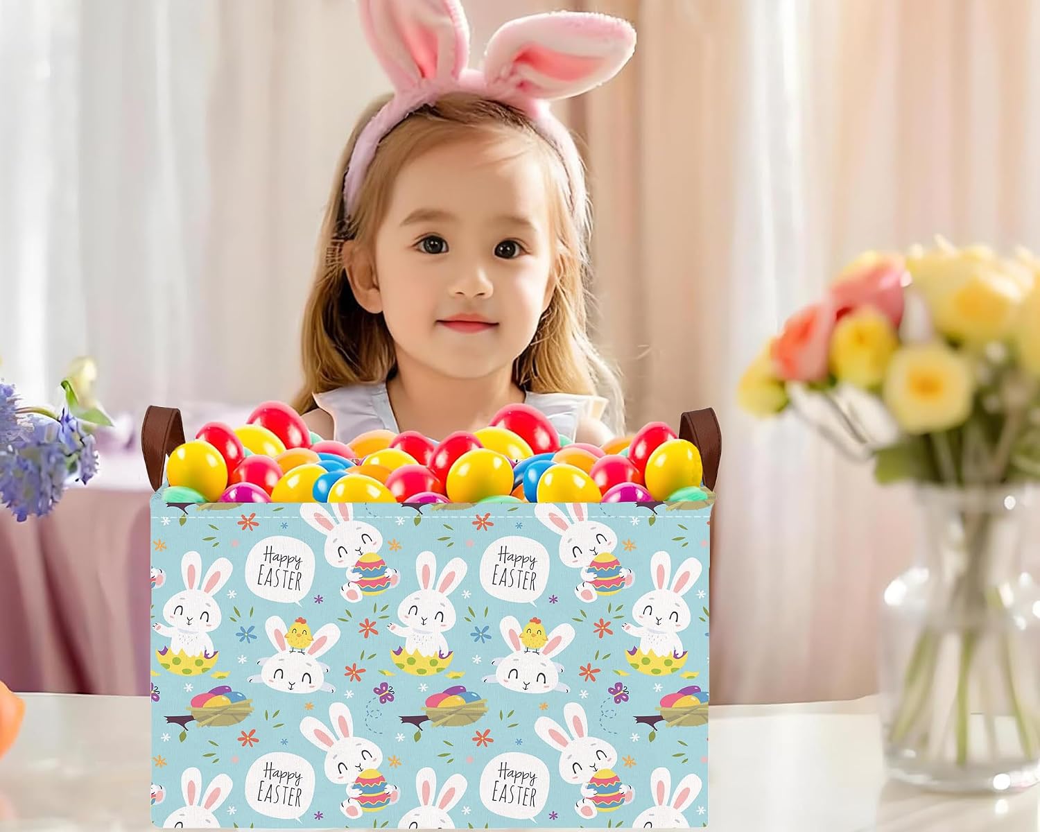 Large Rectangular Easter Baskets Empty Waterproof Boy Toy Box Foldable Kid's Gifts Storage Bin Spring Room Decor(Flower Rabbit Holding Egg)