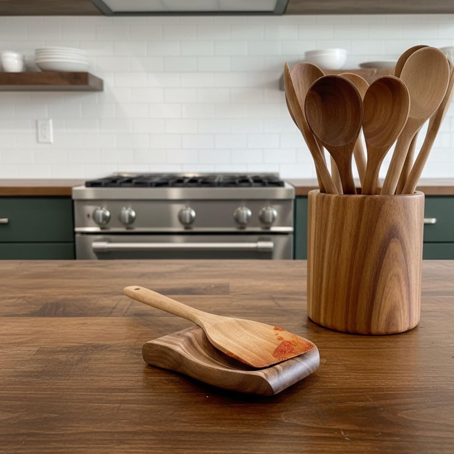 NAZANIN Acacia Wood Spoon Rest - Handcrafted Large Kitchen Utensil Rest for Countertop – Elegant Stove Side Spatula & Ladle Rest – Durable & Easy to Clean