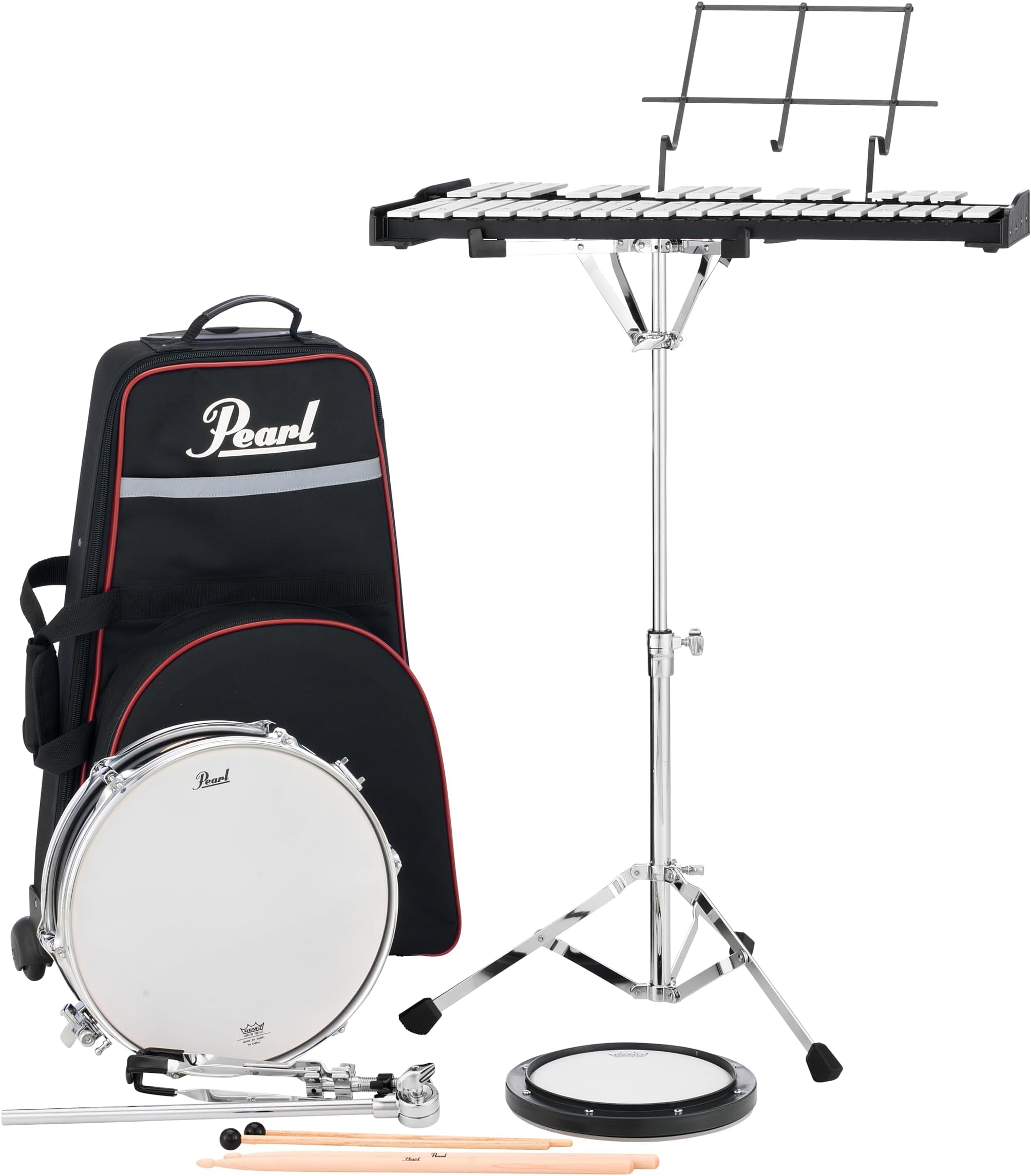 32 Note Glockenspiel Metallophone Bell Kit Student Educational Percussion Kit with 13 Inch Wood Snare Drum, Tunable Practice Pad, Rolling Carrying Case, Sticks and Mallets (PL910C)