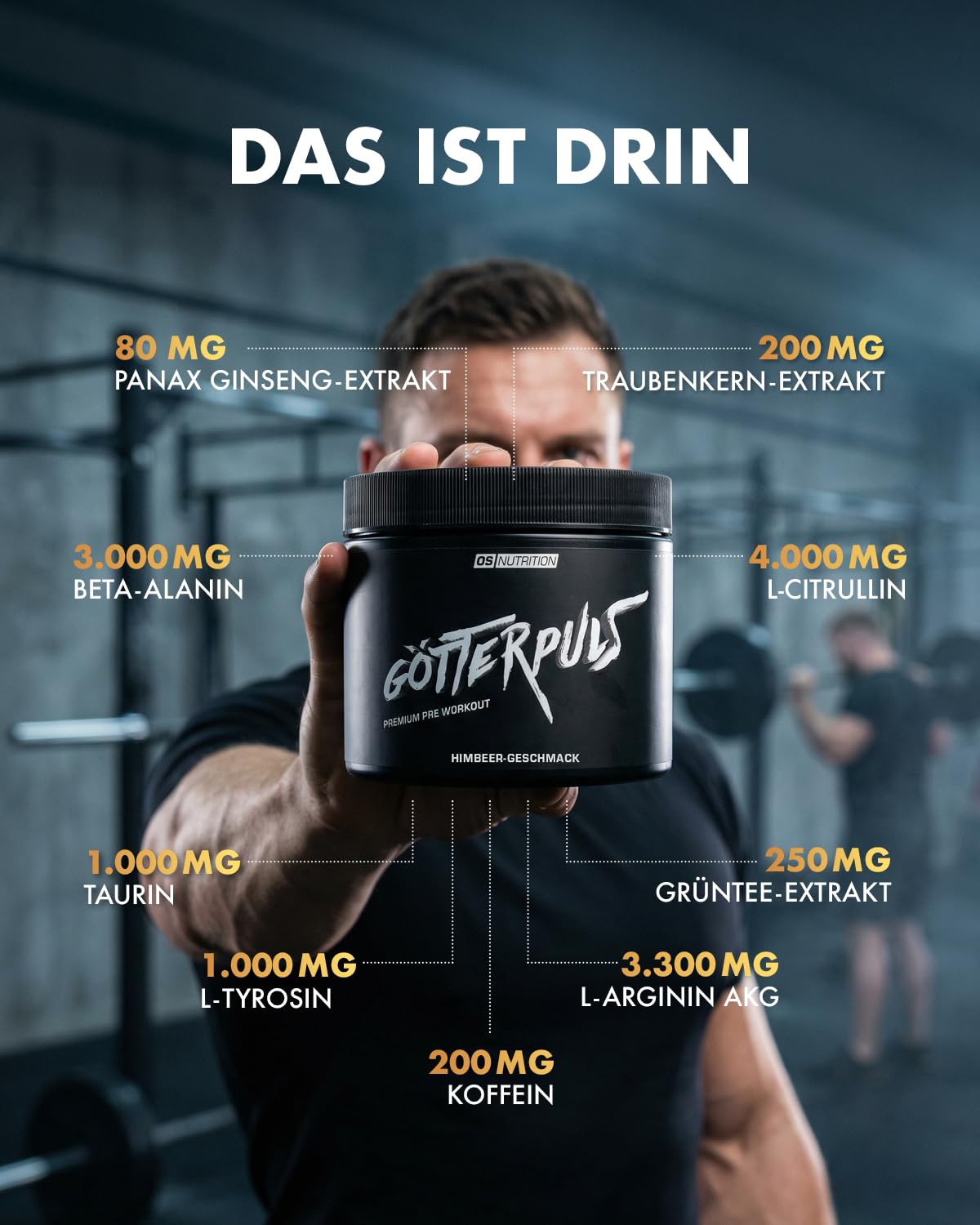 Götterpuls Pre Workout 308g Pulver Himbeere | Mit L-Citrullin, AAKG & Beta-Alanin – 200mg Koffein pro Portion – Für Fitness & Kraftsport – Vegan – 20 Portionen
