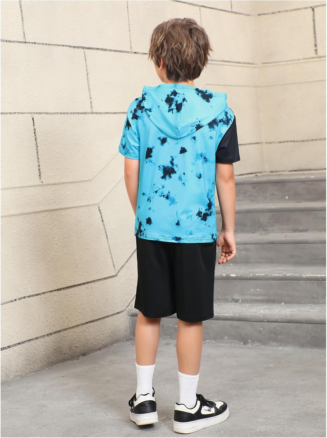 WDIRARA Boy's Two Piece Graphic Print Hooded Neck Tops and Track Shorts Clothing Set