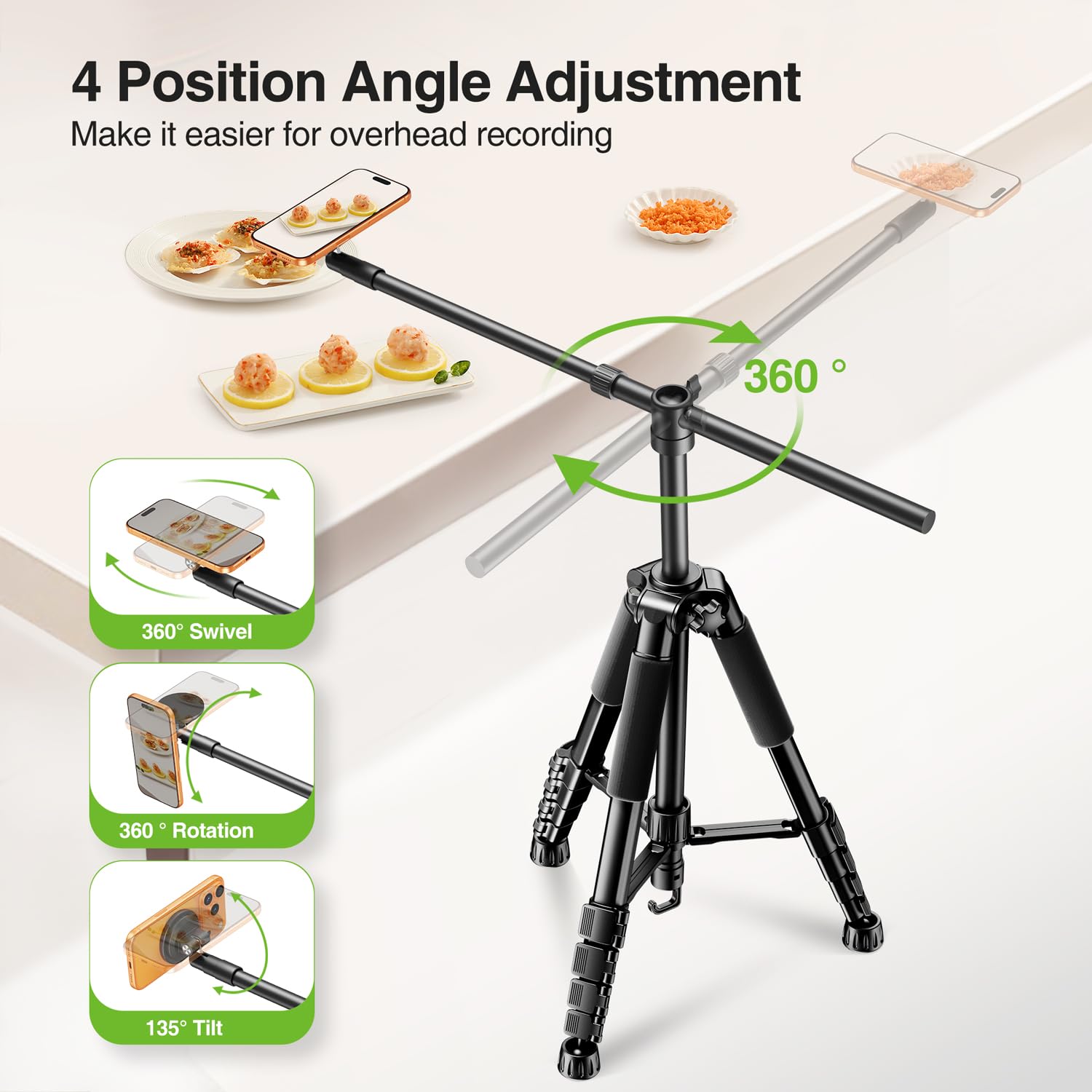 elitehood Trípode magnético para iPhone con brazo extensible de 25 pulgadas de largo, trípode horizontal alto de 59 pulgadas para grabación de video, soporte giratorio de 360° para iPhone para