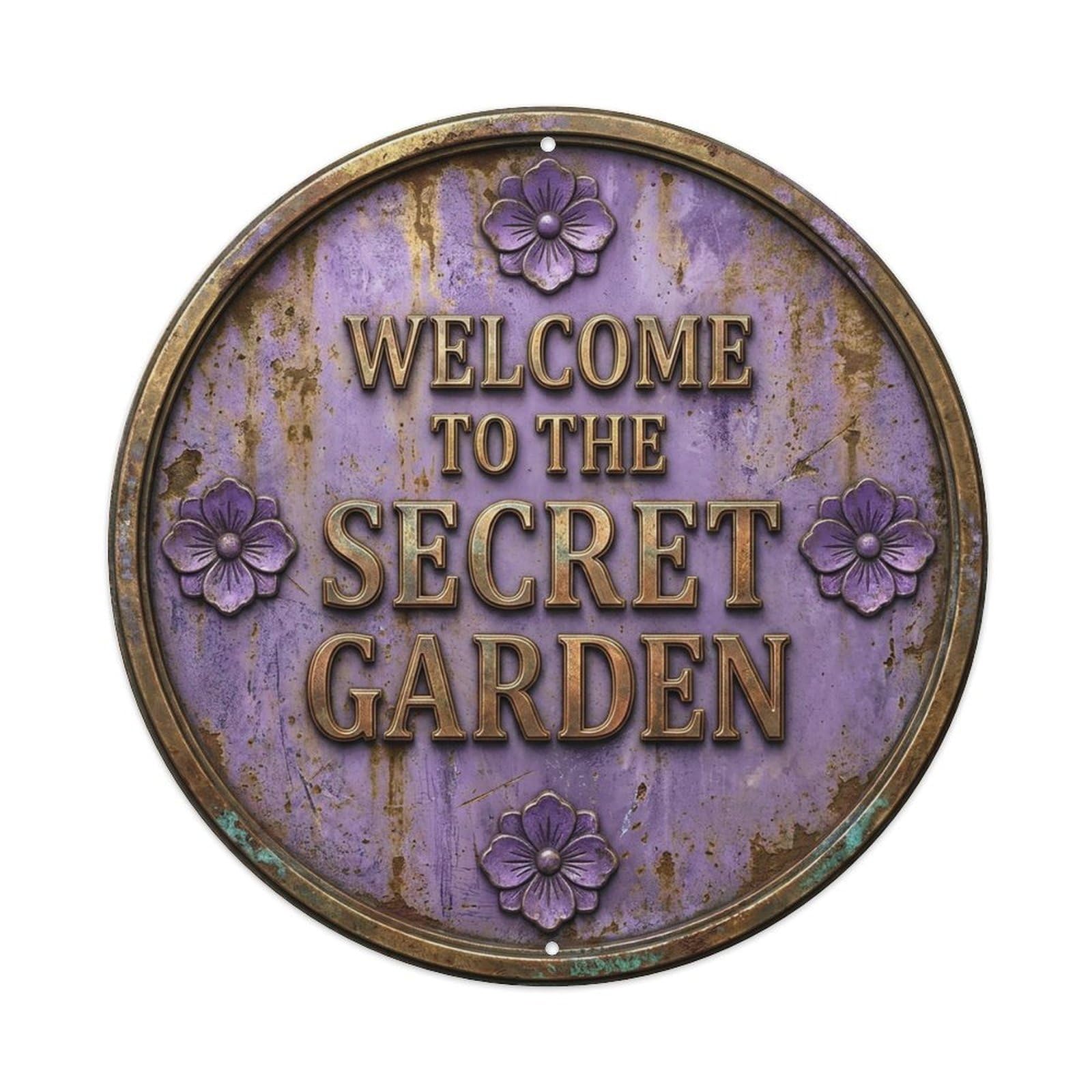 Vintage Welcome Secret Garden Gold Lavender Embossed Metal Tin Sign