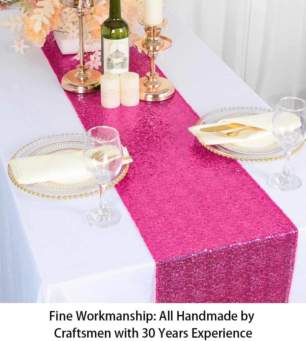 ShiDianYi Hot Pink Sequin Table Runner - Fuchsia, 12'x72' Fall & Christmas Table Overlay for Rustic Banquet Tables & Party Dining