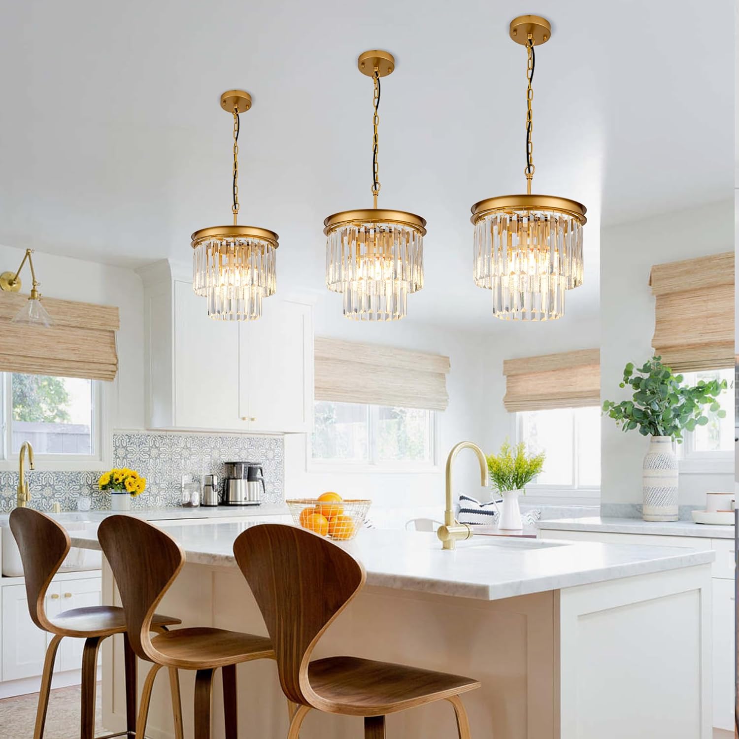 3-Pack Crystal Pendant Lights 11.8" Modern Crystal Chandelier 3-Light 2-Tier Luxury Gold Round Hanging Lighting Fixture for Dinning Room Bedroom Living Room Foyer Kitchen Island