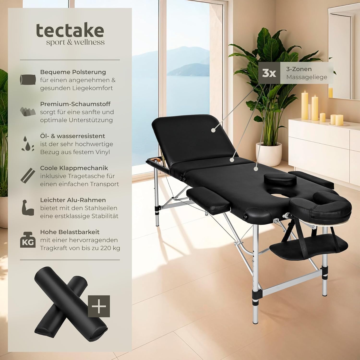 tectake® Massageliege, klappbar, höhenverstellbar, Massagetisch mit 3 Zonen, Massagebank, Kosmetikliege inkl. Zubehör Tasche, Voll- und Halbrolle, Möbel für Kosmetik, Massage, Tattoo - schwarz