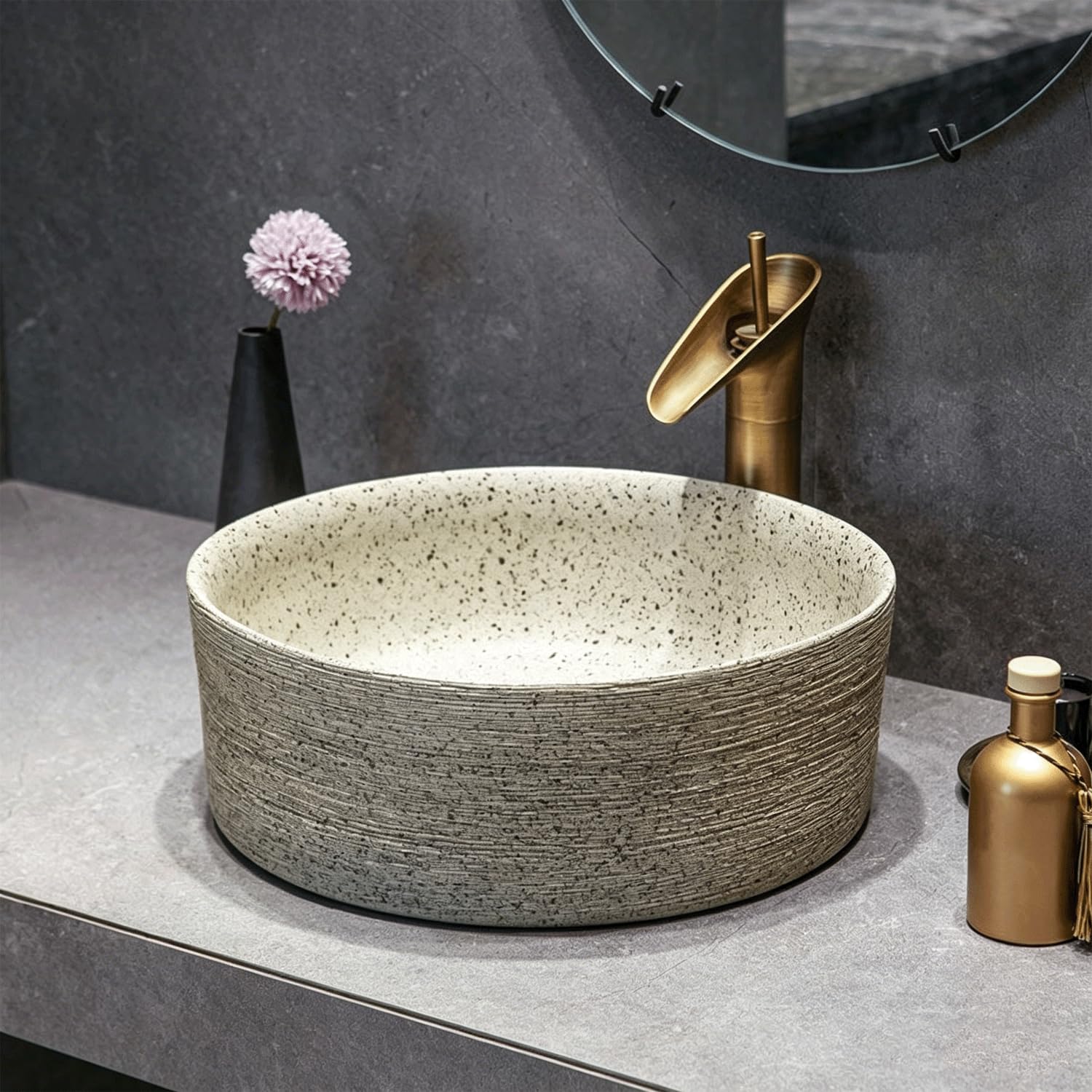 QjxSXLFSX Bathroom Vessel Sink Above Counter Bowl Sinks, High-temperature firing creates a brushed texture, for Bathroom, Hotel, Toilet, RV.,B,40×40×14cm