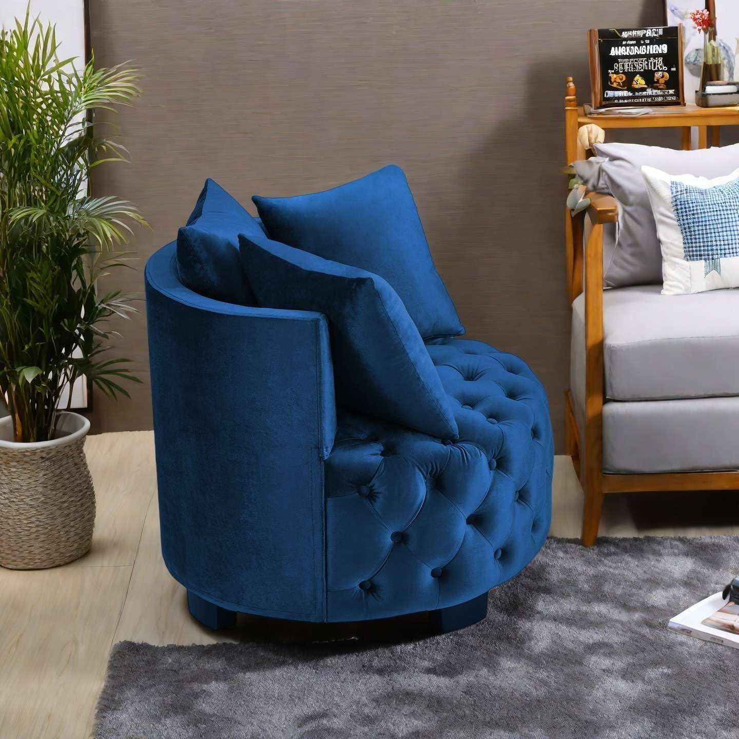 Modern Round Velvet Accent Chair, Tufted Corner Armchair with 3 Cushions, Luxury Upholstered Club Chair for Living Room Bedroom, 30.5" Soft Lounge Barrel Chair