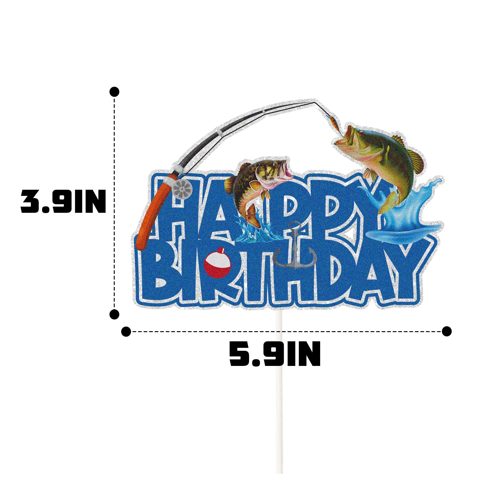 Fishing Themed Cake Topper – Blue Glitter 'Happy Birthday Little Fisherman' Decor For Fisher Birthday Parties (Non-Edible)