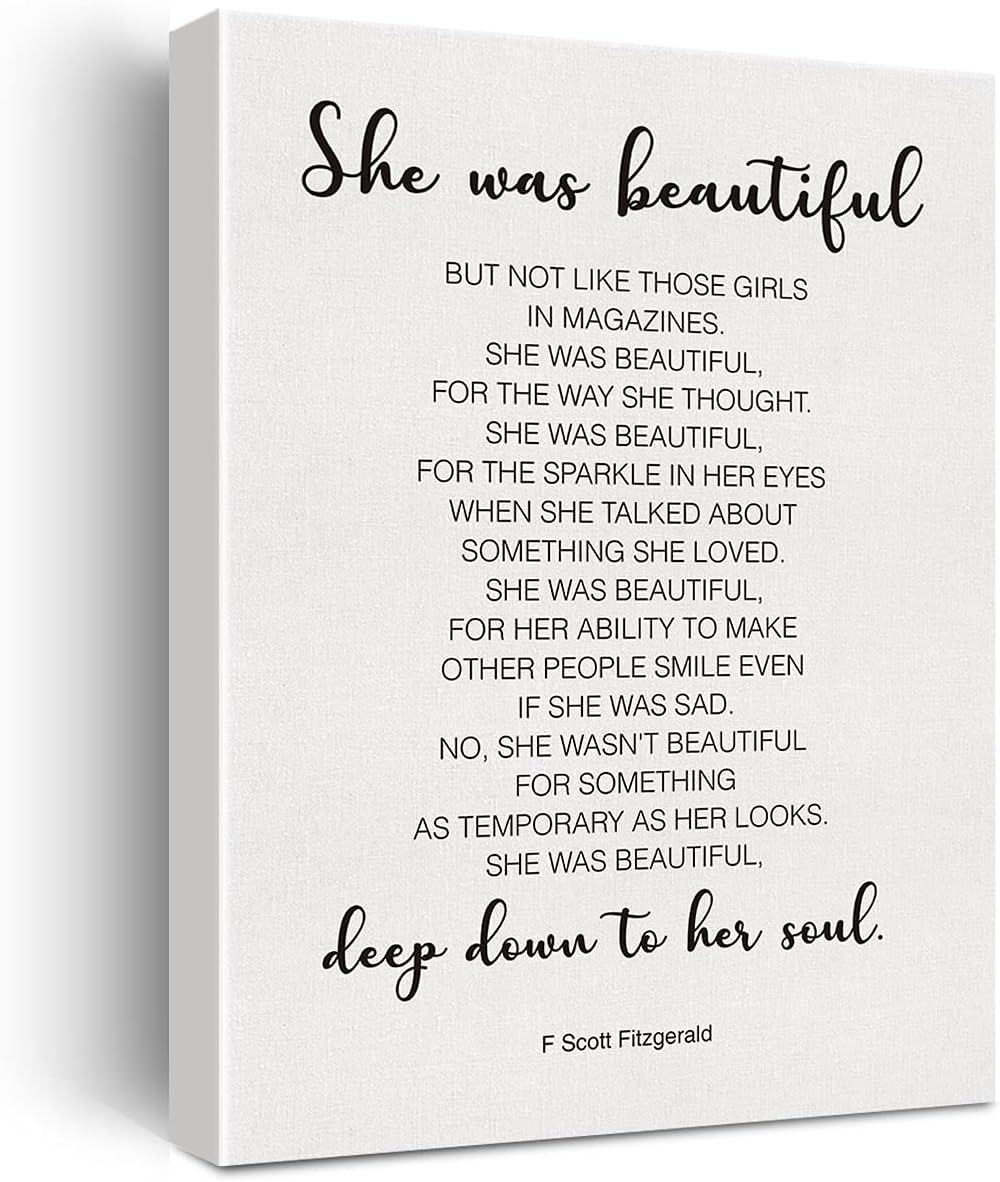 NvhaiInspirational Wall Decor She Was Beautiful F. Scott Fitzgerald Quote Canvas Painting Prints for Home Dining Room Living Room Wall Decor Framed Artwork Gifts(12x15 Inch)