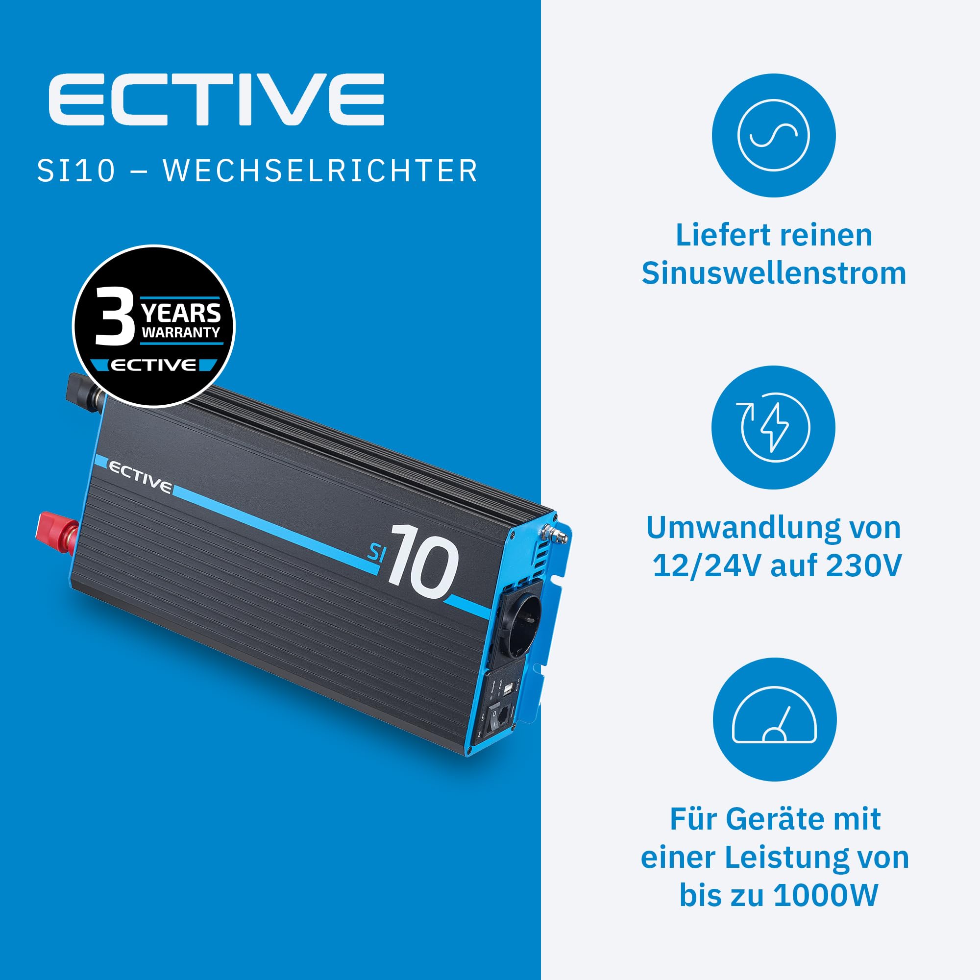 ECTIVE Reiner Sinus Wechselrichter SI10-1000W, 12V auf 230V, USB, Überlastschutz, Überhitzungsschutz, Aluminiumgehäuse - DC/AC Spannungswandler, Umwandler, Stromwandler für Haushaltsgeräten