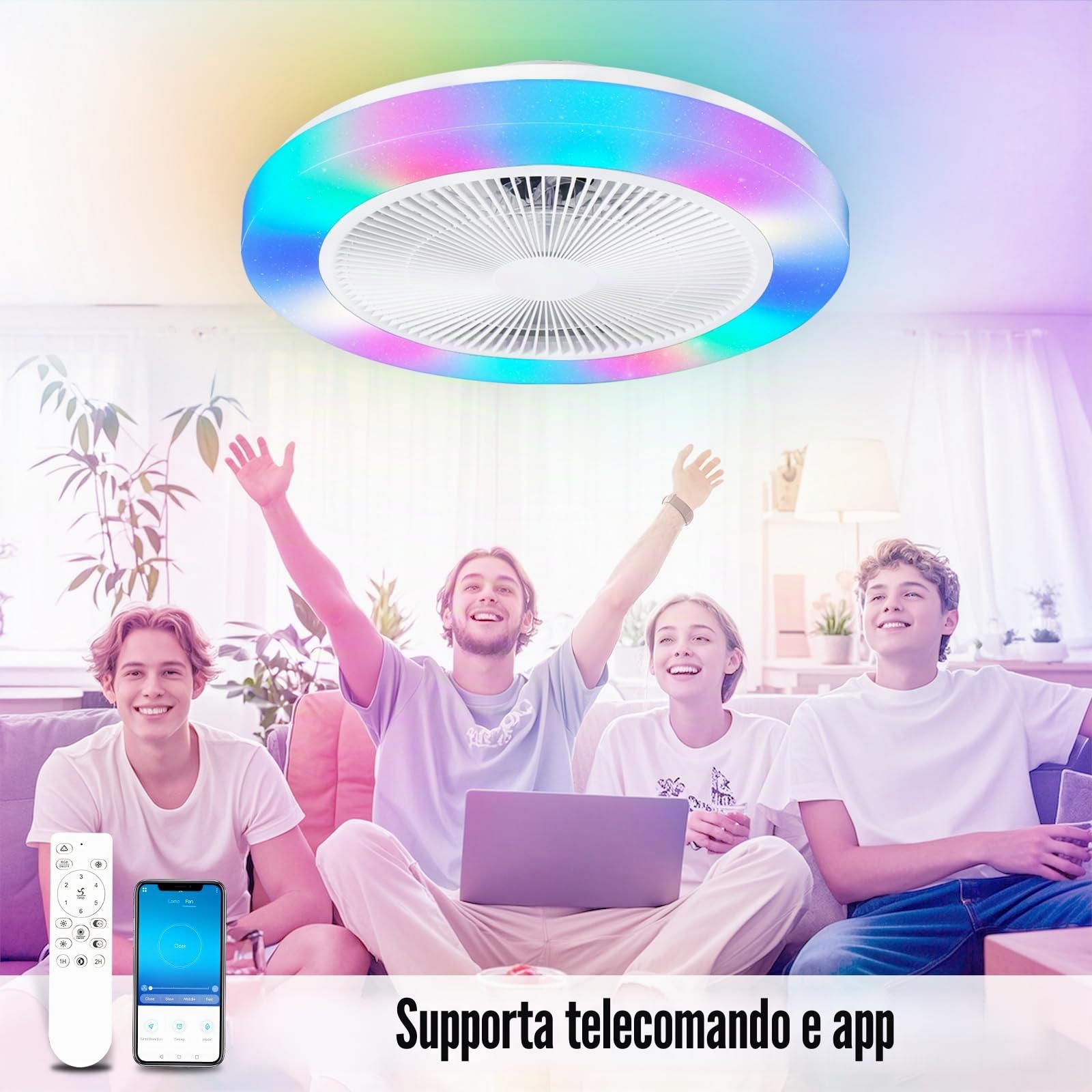 Ventilatore da Soffitto con Luce RGB, 50cm Lampadario Ventilatore Silenzioso LED Dimmerabile, Telecomando e APP, 6 Velocità, Timer, RGB Plafoniera Ventilatori per Camera da Letto Soggiorno