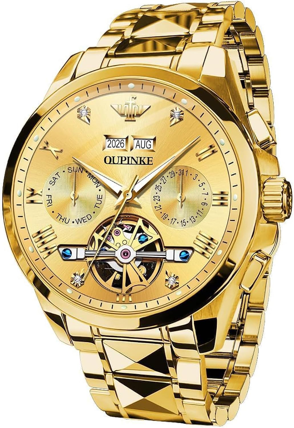 OUPINKE Men's Watch Automatic Designer Big Face Luxury Mechanical Skeleton Dress Business Wrist Watches Two Tone Tungsten Steel Waterproof Sapphire Calendar