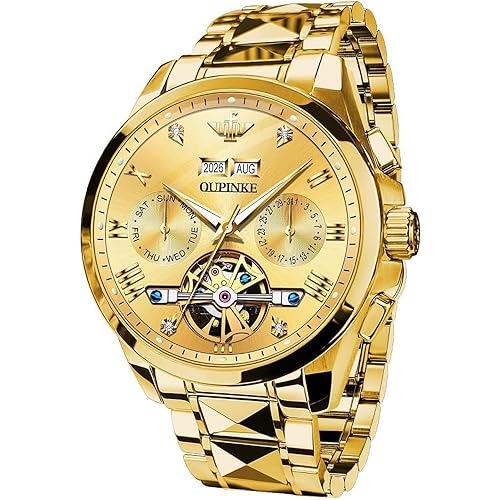 OUPINKE Men's Watch Automatic Designer Big Face Luxury Mechanical Skeleton Dress Business Wrist Watches Two Tone Tungsten Steel Waterproof Sapphire Calendar
