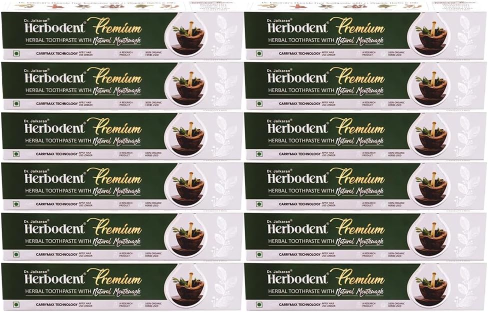 Herbodent® Premium Toothpaste - 3.53 oz Pack of 12 | A Unique Blend of 21 Herbs Like Neem, Clove, Cinnamon, Cardamom with Natural Mouthwash - No Paraben, No Fluoride, No Saccharin, No Triclosan
