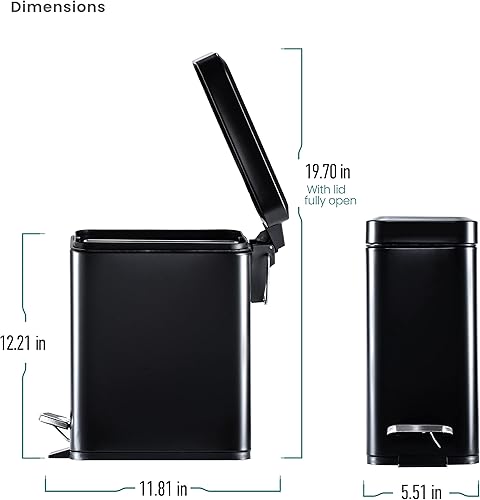 Miniatura 8 de Home Zone Living Cubo de basura delgado de 1.3 galones, cuerpo de acero inoxidable con tapa y pedal de escalón, 5 litros, negro mate