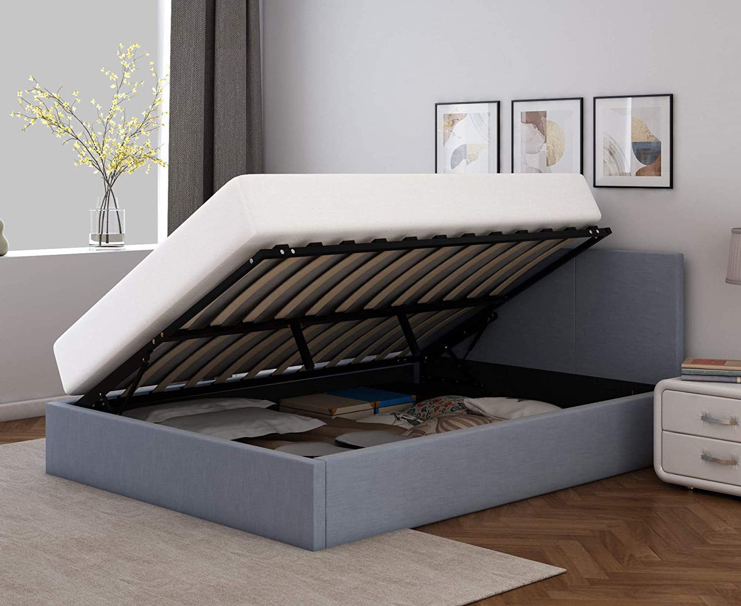 Buy Panana Side Gaslift Storage Bed Upholstered Ottoman Bed Grey Fabric