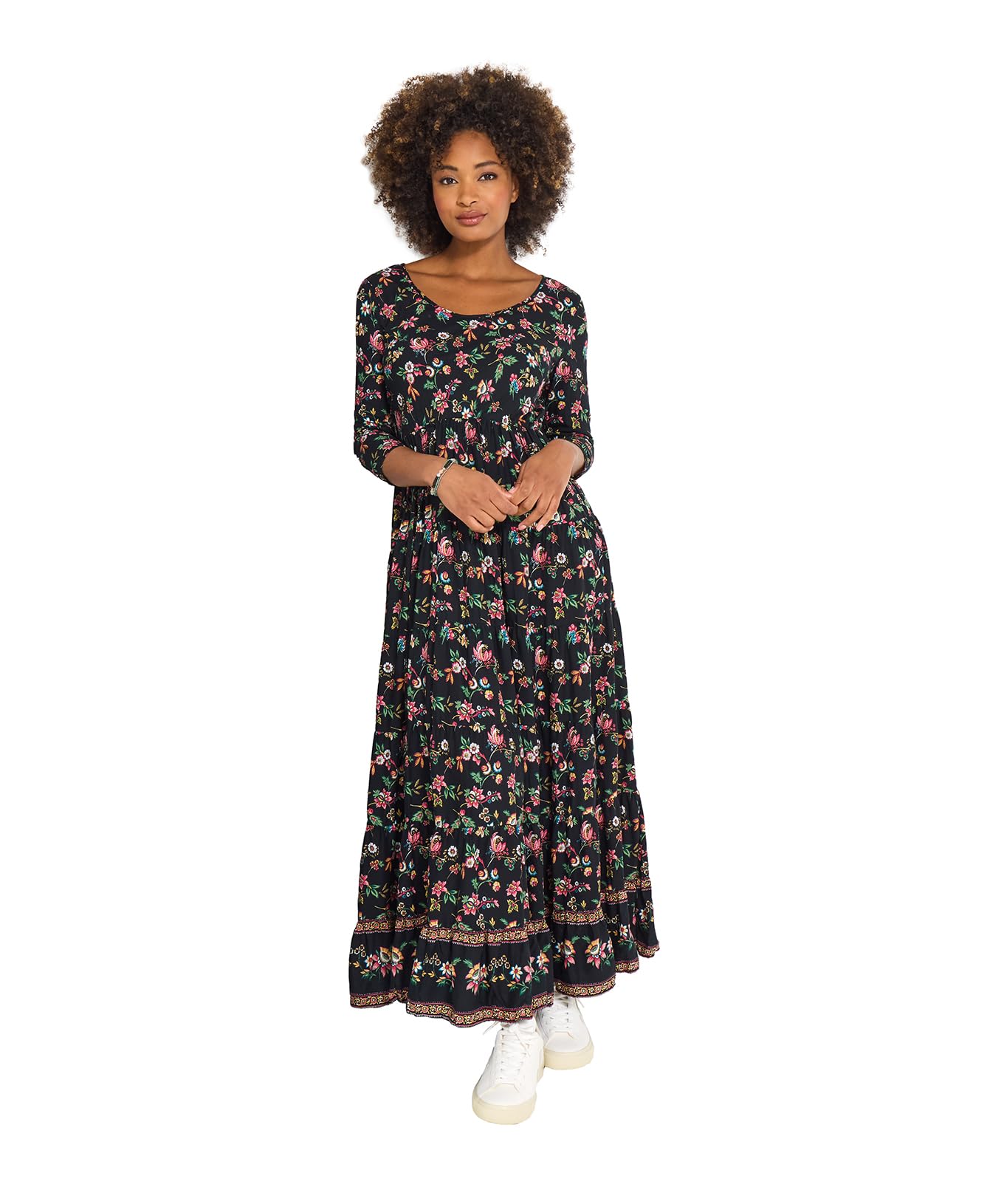 Joe Browns Women's Border Print Autumnal Floral Crinkle Cotton Maxi Dress, Regular, Black, UK 14