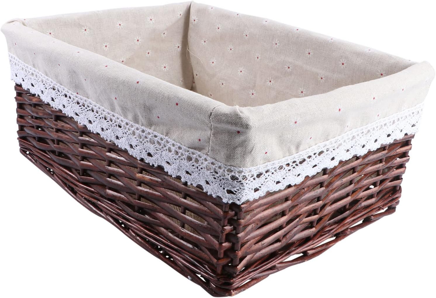 Healifty Wicker Storage Basket with Daisy Fabric Liner Brown Willow Laundry and Kitchen Sorting Bin Versatile Organizer for Closet Bathroom and Home Use