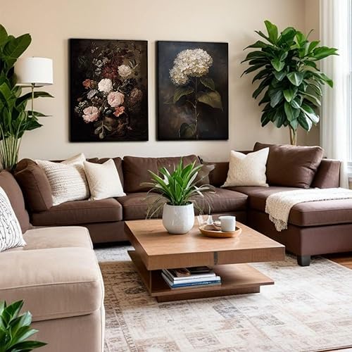 Miniatura 6 de 2 piezas de arte de pared botánico floral vintage para pared, casa de campo, naturaleza muerta, clásico, lienzo impreso, arte elegante oscuro para