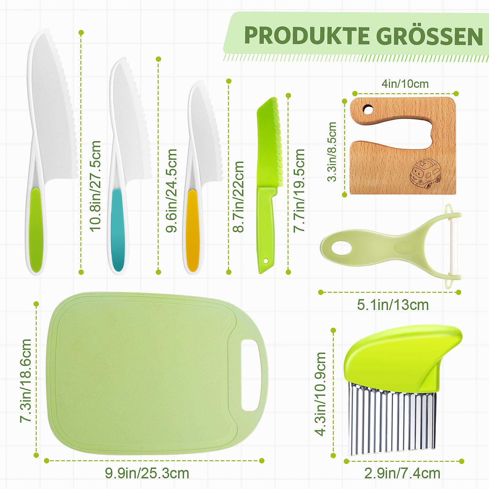 Goodchef Set di coltelli da cucina per bambini, 8 pezzi, per tagliare e cucinare frutta o verdura per bambini, con coltello in legno