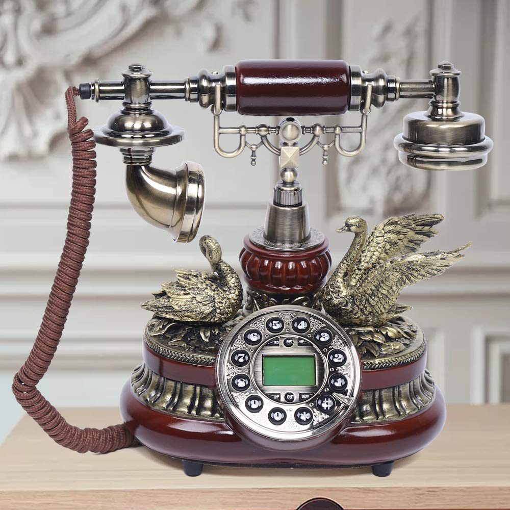 Vintage Deko Retro Telefon Festnetztelefon mit Antik-Telefon Schnurgebundenes Freisprechfunktion Harzimitat Holz Anrufer-ID ideal für Wohnzimmer oder Büro