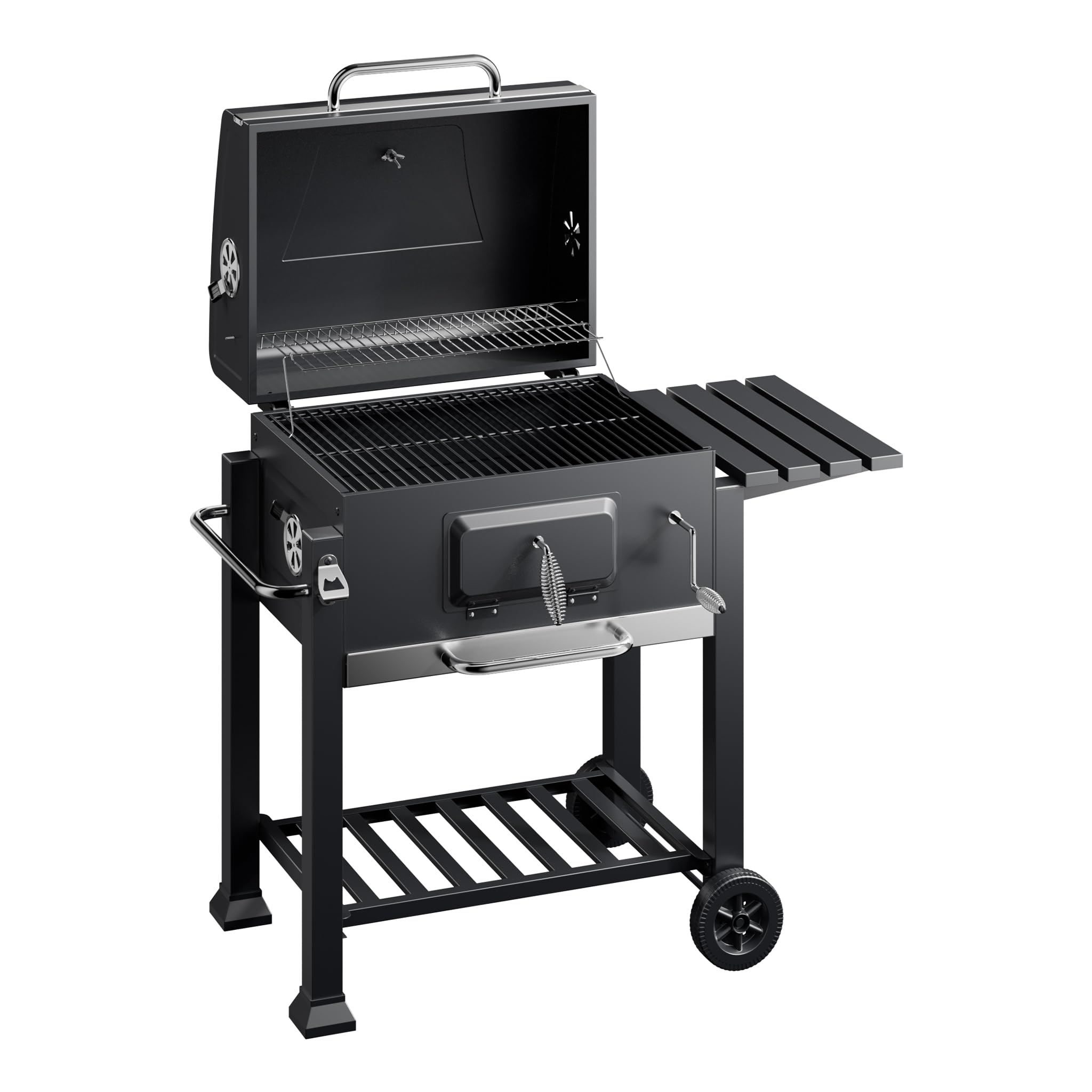 BBQ Charcoal Trolley with Wheels, Side Shelf, Grill Thermometer, Fire Damper and Height Adjustment