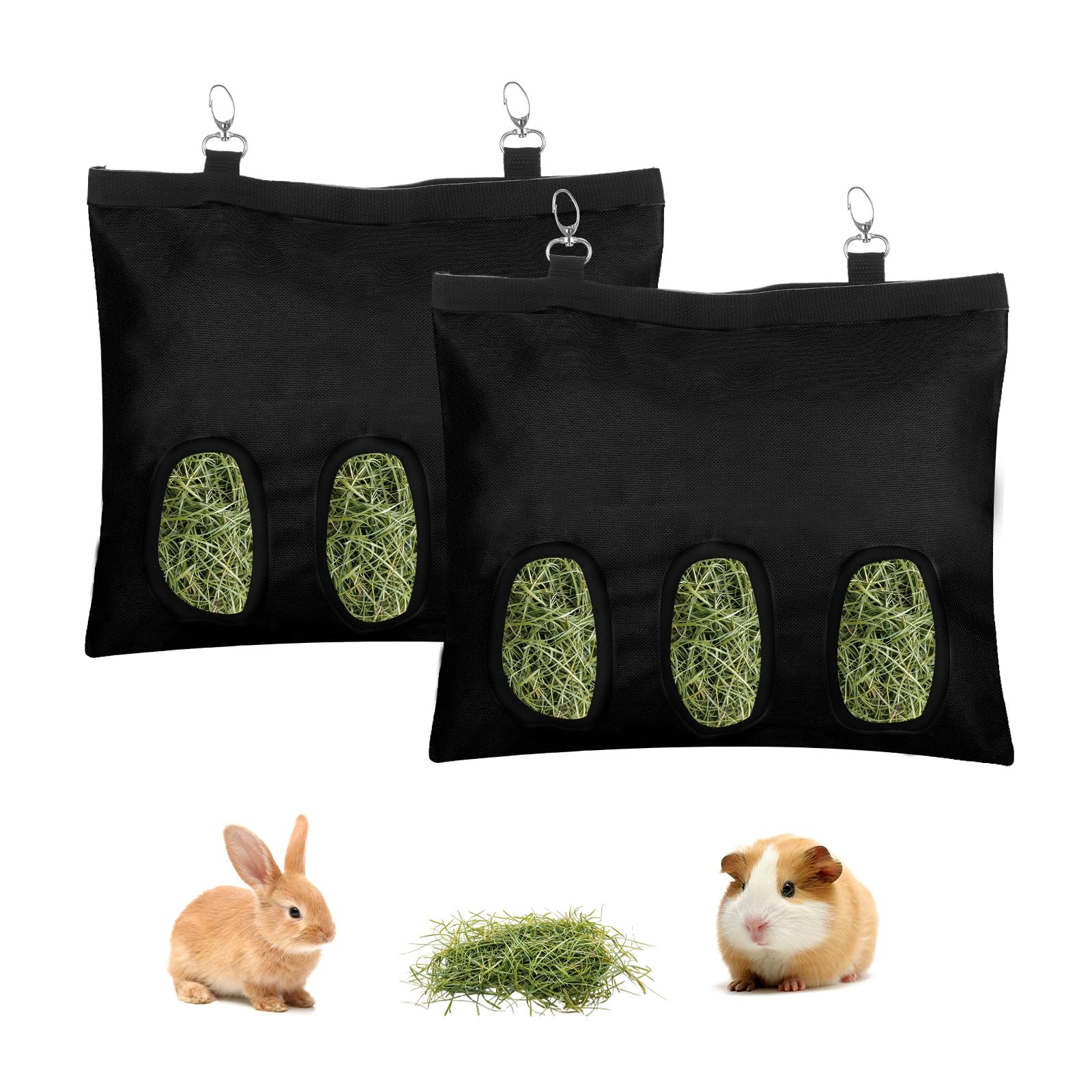 2 Pcs Rabbit Hay Feeder,Guinea Pig Hay Feeder,13×10.8 Inch Guinea Pig Bag,Small Animal Feeding Bag for Rabbits, Hamsters, Hedgehogs (3 Holes,Black)