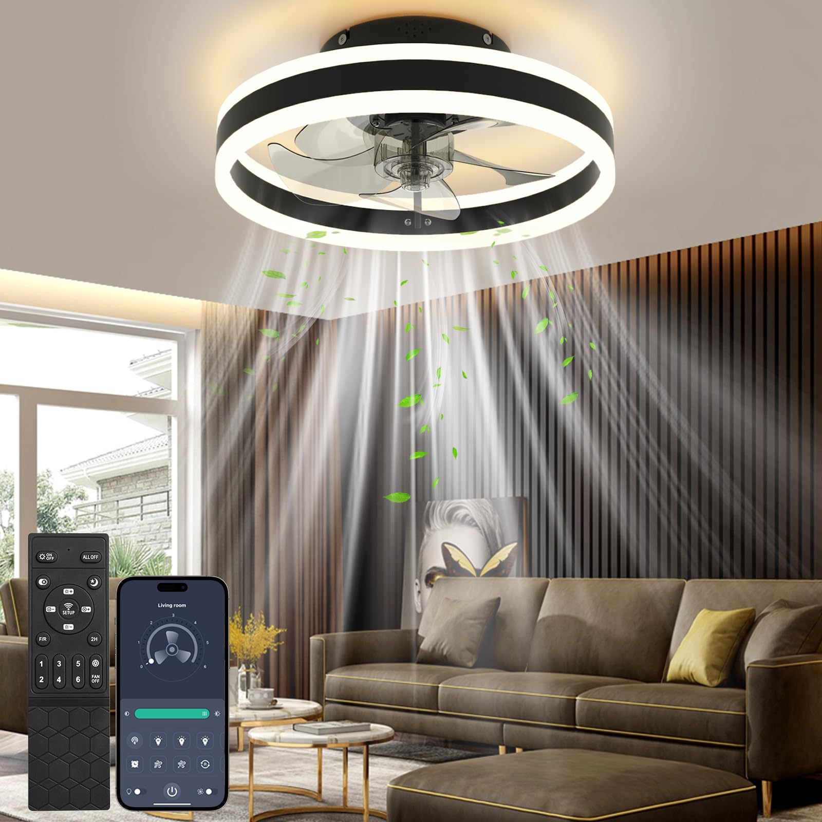 Nalezuns LED Deckenventilator mit Beleuchtung, 3 Farbtemperaturen, 6 Geschwindigkeiten, Fernbedienung, dimmbar