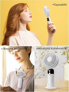 Warmco K70 Taşınabilir Şarjlı El Vantilatörü 2400mAh 360° Döner Başlıklı Standlı Dijital Ekranlı Soğutucu Fan Beyaz