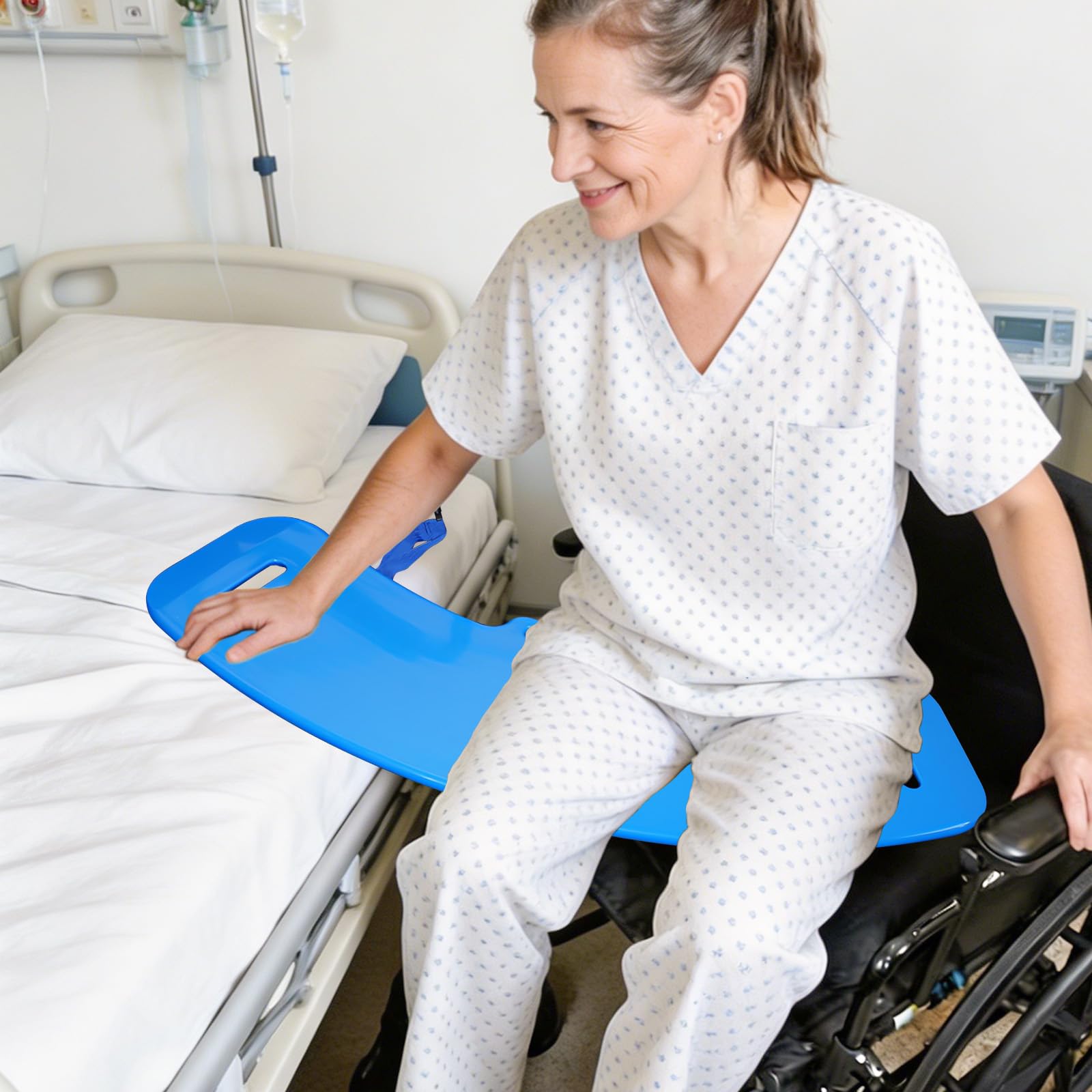 Slide Transfer Board – Transferencia de pacientes de silla de ruedas a cama, inodoro, bañera y coche – Con práctica asa (azul)