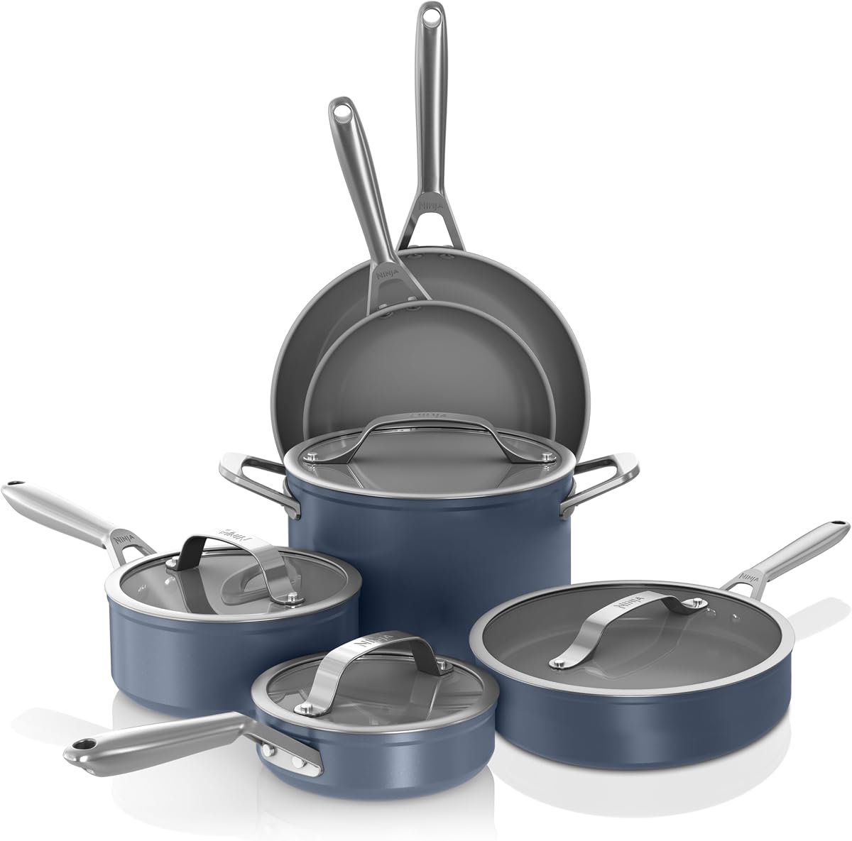 Juego de utensilios de cocina Ninja® Ceramic Pro de 10 piezas, sin PFAS, azul medianoche, CW39010MM | Cerámica con infusión de titanio, garantía antiadherente de 10 años. Sin plomo, cadmio. Todas las estufas e inducción son compatibles. Ase a 550°F.