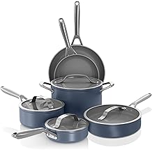 Ninja Ceramic Pro 10Piece Cookware Set, NonStick Pots & Pans Set with Glass Lids, Nontoxic, PTFE Free, Ceramic Coated, Stove to Oven Safe, All Stovetop & Induction Compatible, Midnight Blue, CW39010MM