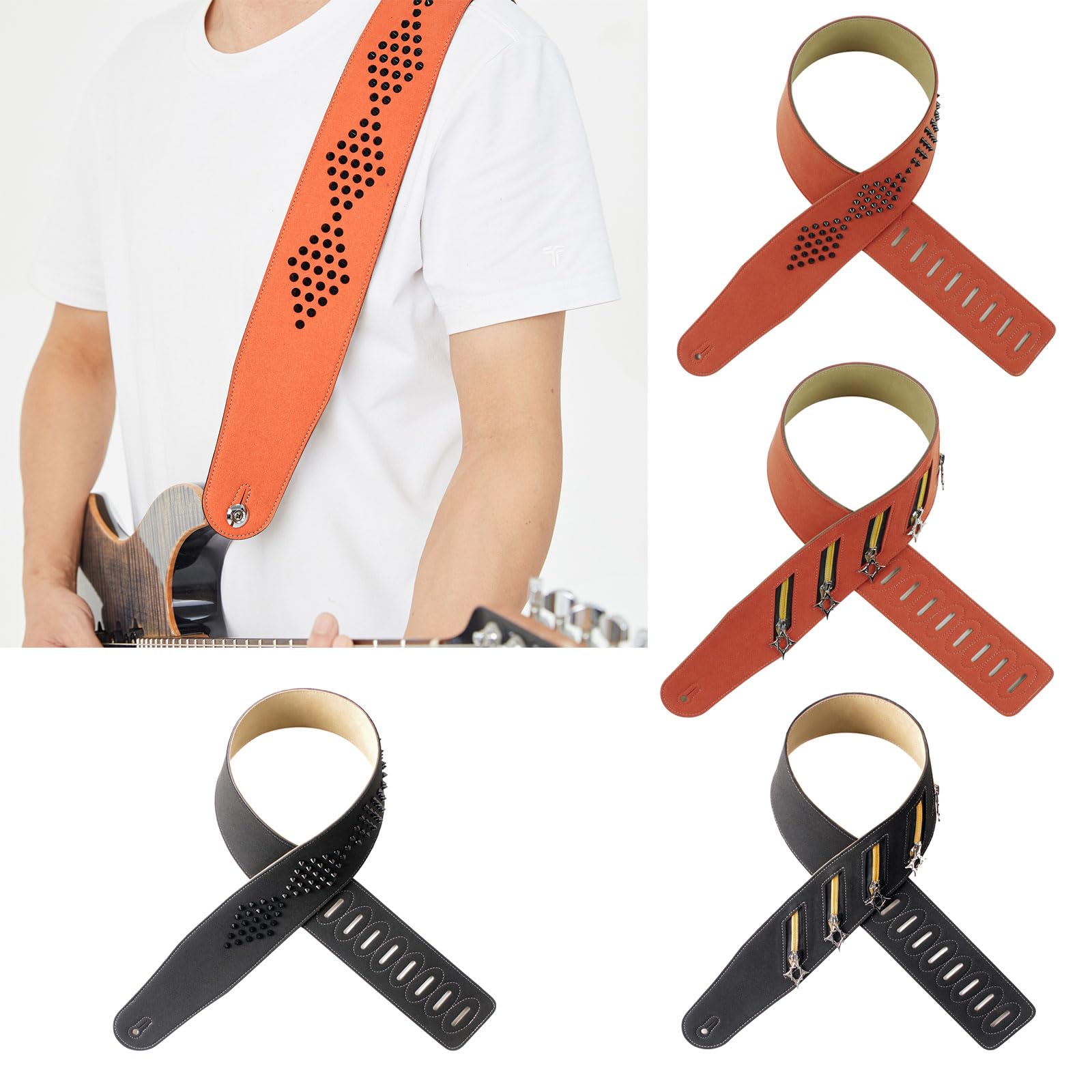 Correa de guitarra punk de microfibra con tachuelas de metal, diseño de hombro ancho, longitud ajustable para mayor comodidad