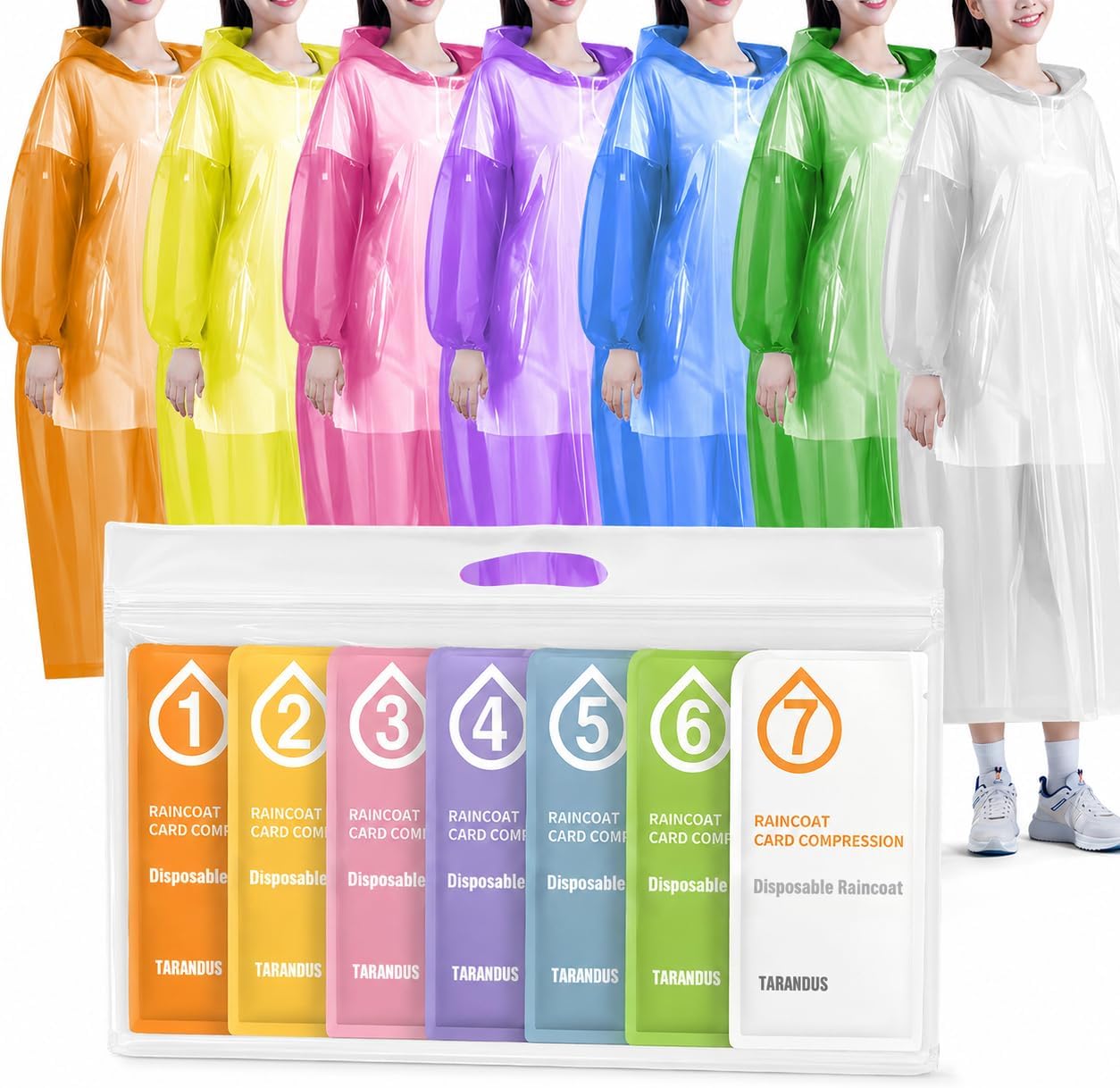 Disposable Raincoat 7 Packs – 7 Colors, Ultra-Compact Waterproof Ponchos with Windproof Hood & Elastic Cuffs